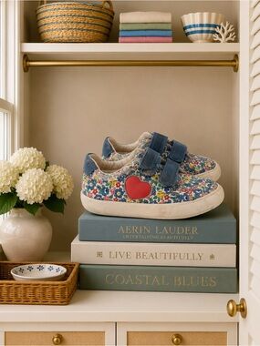 Mini Boden Floral Sneakers with Red Heart Accent - Blue Multicolor